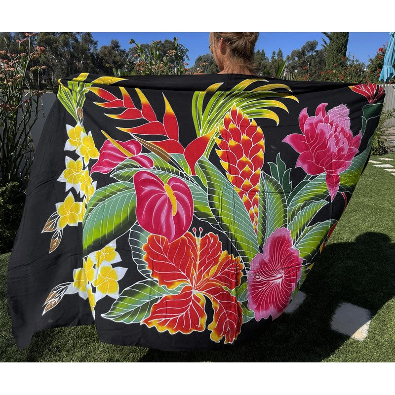 Hawaiian Flowers | Hand Painted Pareo BLACK