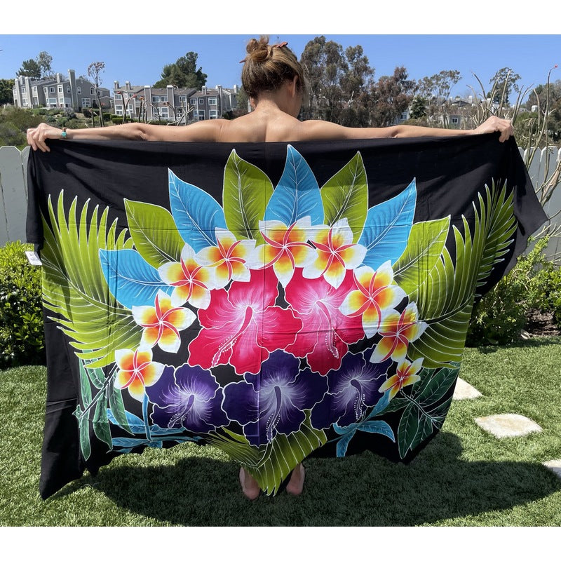 Plumeria and Hibiscus | Hand Painted Pareo black