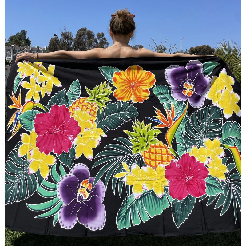 Hawaiian Pineapple and Flowers | Hand Painted Pareo Black