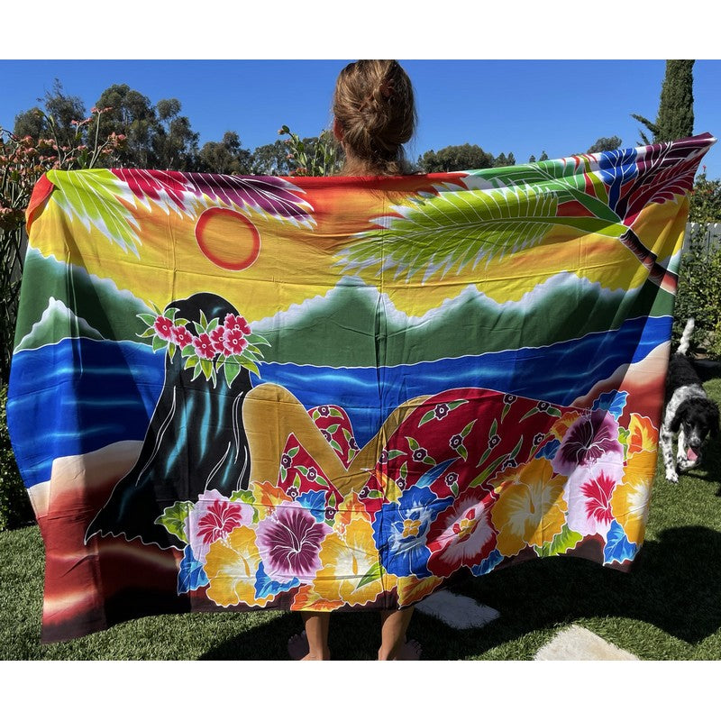Hawaiian Scene w/ Flowers and Wahine | Hand Painted Pareo