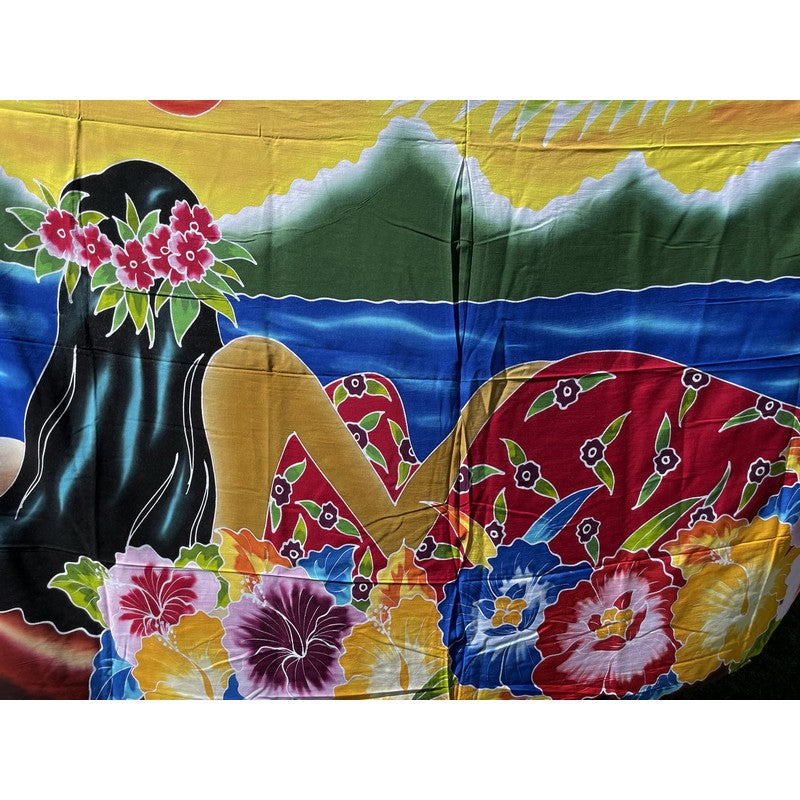 Hawaiian Scene w/ Flowers and Wahine | Hand Painted Pareo