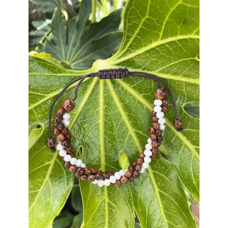 Koa Wood & Pearl Twist Adjustable Bracelet