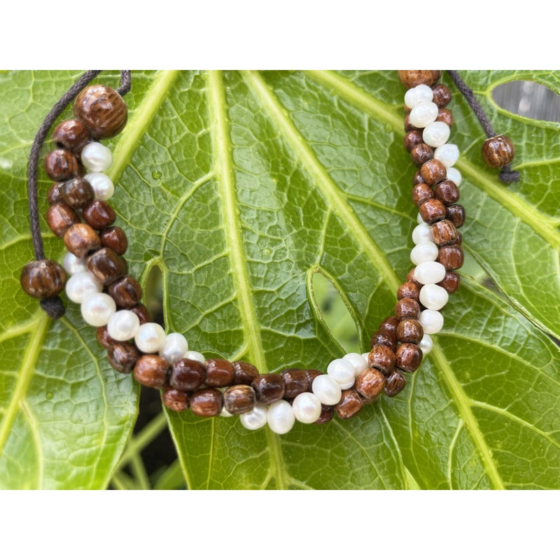 Koa Wood & Pearl Twist Adjustable Bracelet