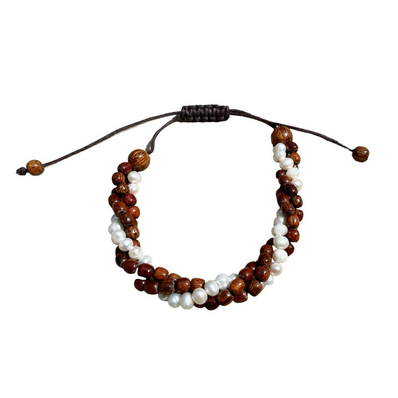 Koa Wood & Pearl Twist Adjustable Bracelet