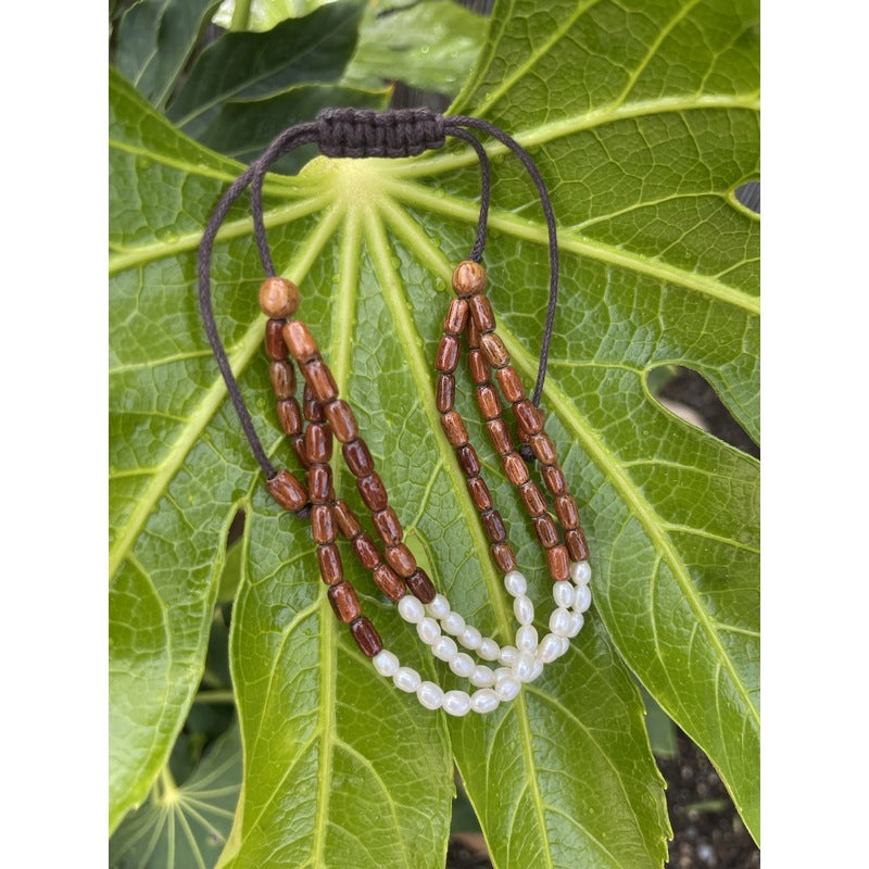 3 Strand Koa Wood & Pearl Loose Adjustable Bracelet