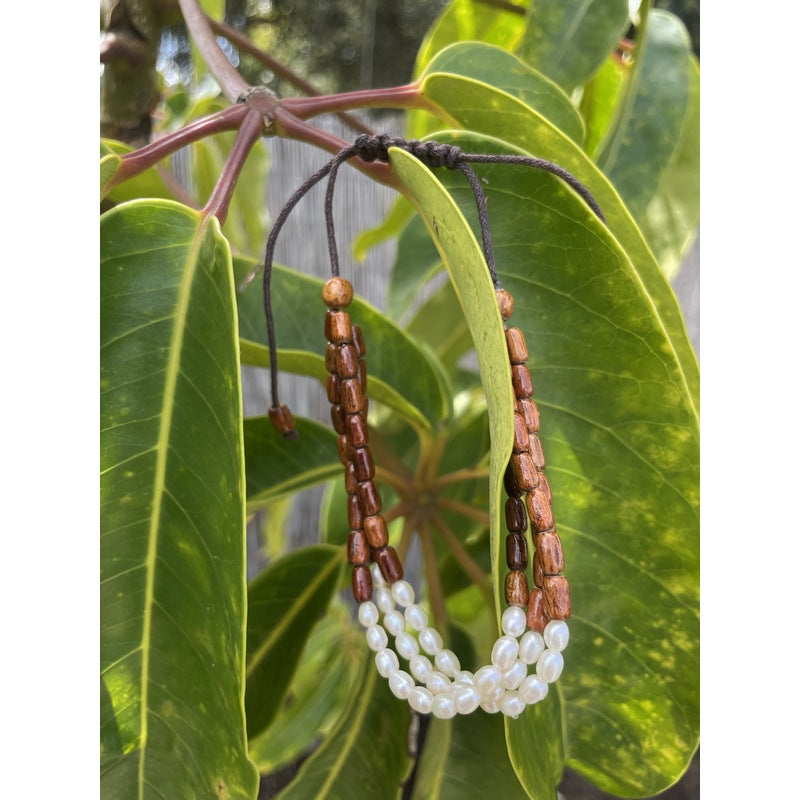3 Strand Koa Wood & Pearl Loose Adjustable Bracelet