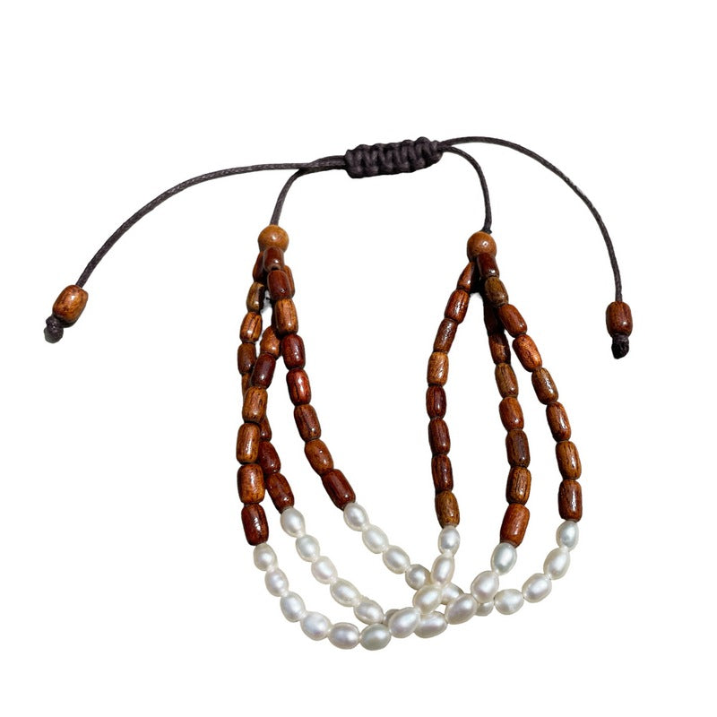 3 Strand Koa Wood & Pearl Loose Adjustable Bracelet