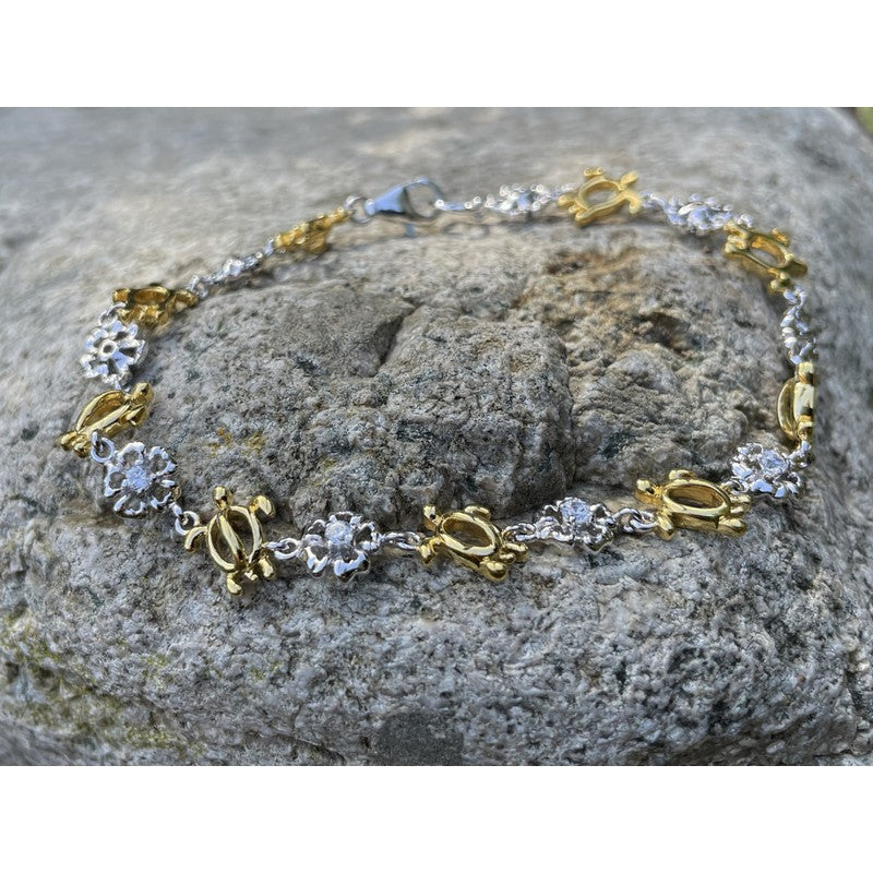 Two Tone Hibiscus & Honu Bracelet