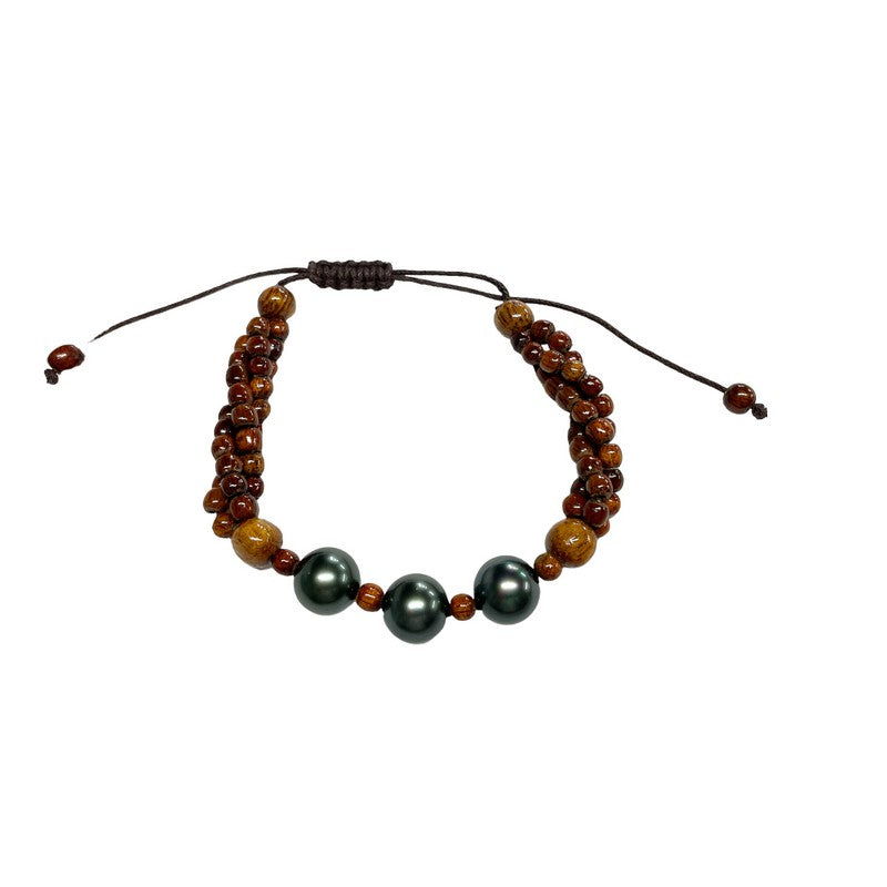 3 Strand Koa Wood and Pearl Adjustable Bracelet 12mm