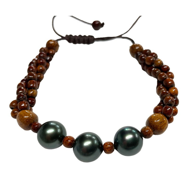 3 Strand Koa Wood and Pearl Adjustable Bracelet 12mm