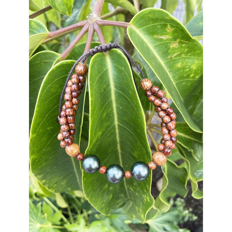 3 Strand Koa Wood and Pearl Adjustable Bracelet 12mm