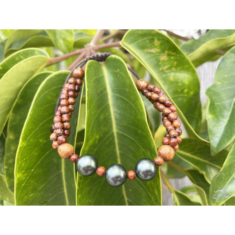 3 Strand Koa Wood and Pearl Adjustable Bracelet 12mm