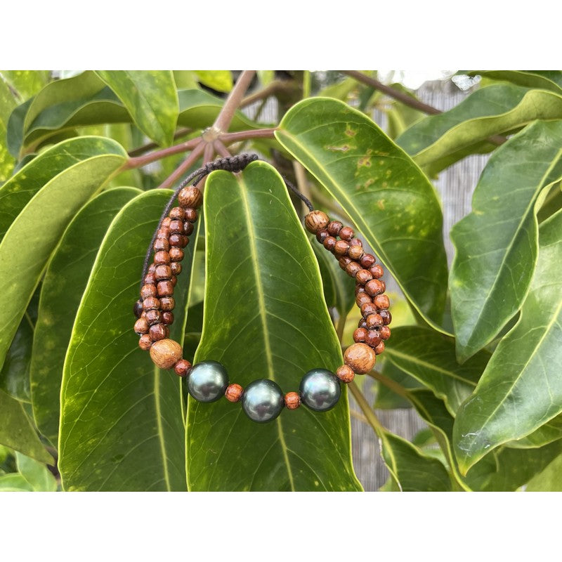 3 Strand Koa Wood and Pearl Adjustable Bracelet 12mm