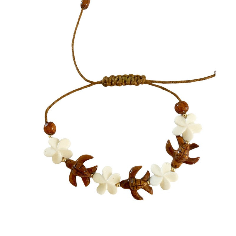 Koa Honu and Plumeria Flower Bracelet with Bone