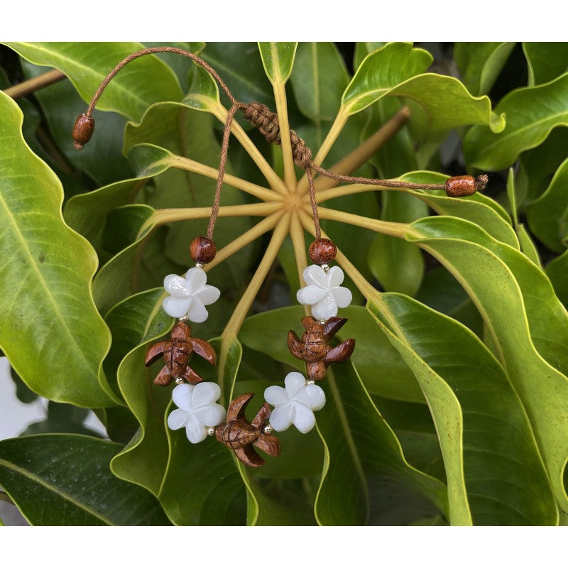 Koa Honu and Plumeria Flower Bracelet with Bone