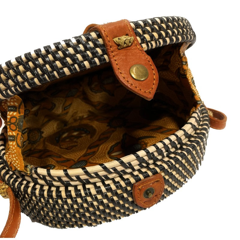 Black and Natural Oval Rattan Handbag