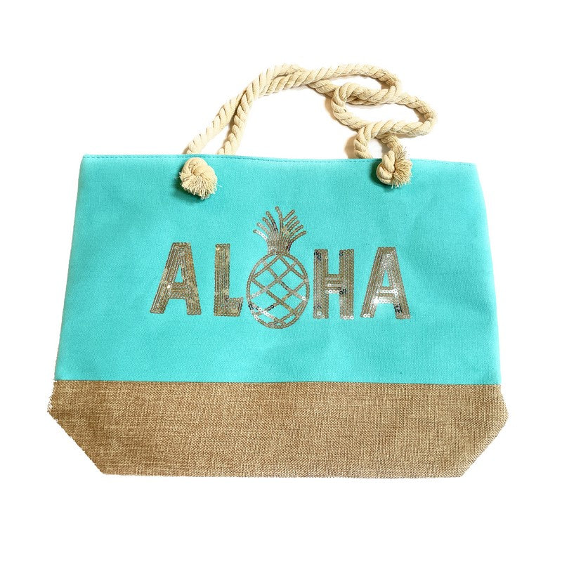 "Aloha" Pineapple Beach Bag or Tote in Aqua