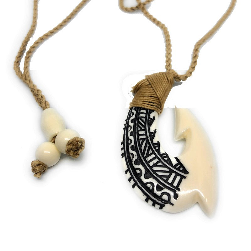Buffalo Bone Fish Hook w/ Engravings - Makana Hut