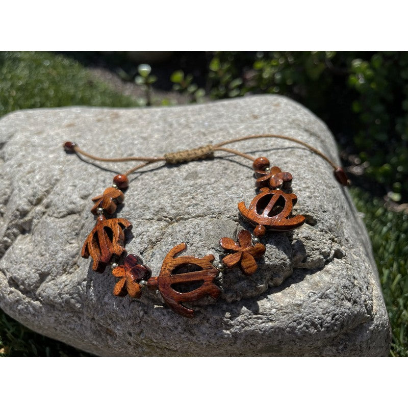 Koa Honu and Plumeria Flower Adjustable Bracelet