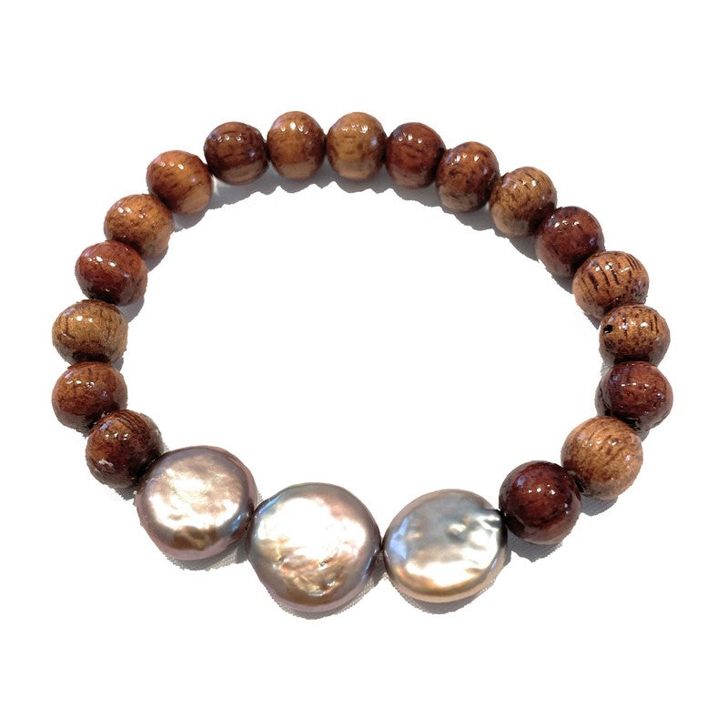 Koa and Chocolate Coin Fresh Water Pearls Stretch Bracelet