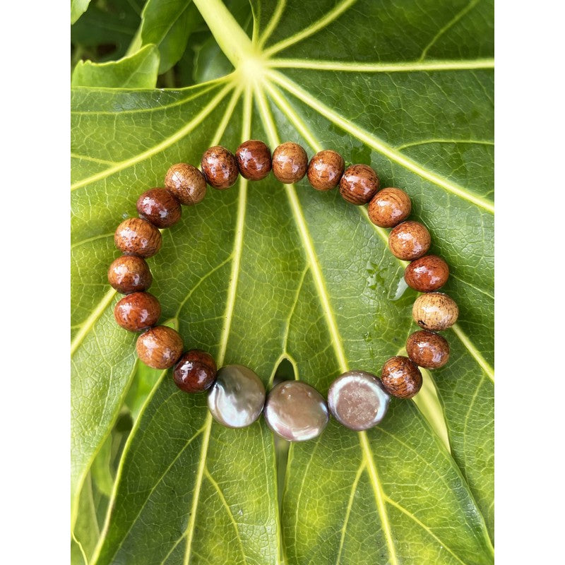 Koa and Chocolate Coin Fresh Water Pearls Stretch Bracelet