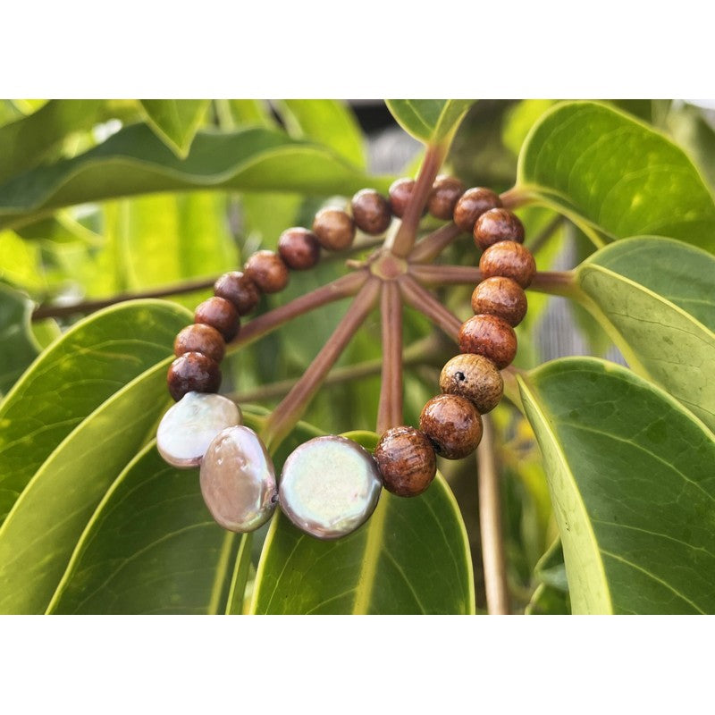 Koa and Chocolate Coin Fresh Water Pearls Stretch Bracelet