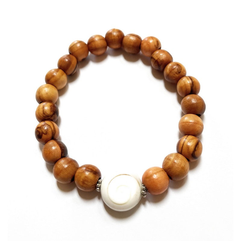 Olive Wood and Shiva Shell Bracelet