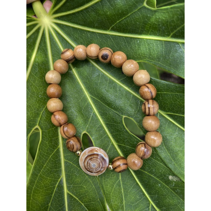 Olive Wood and Sundial Shell Bracelet