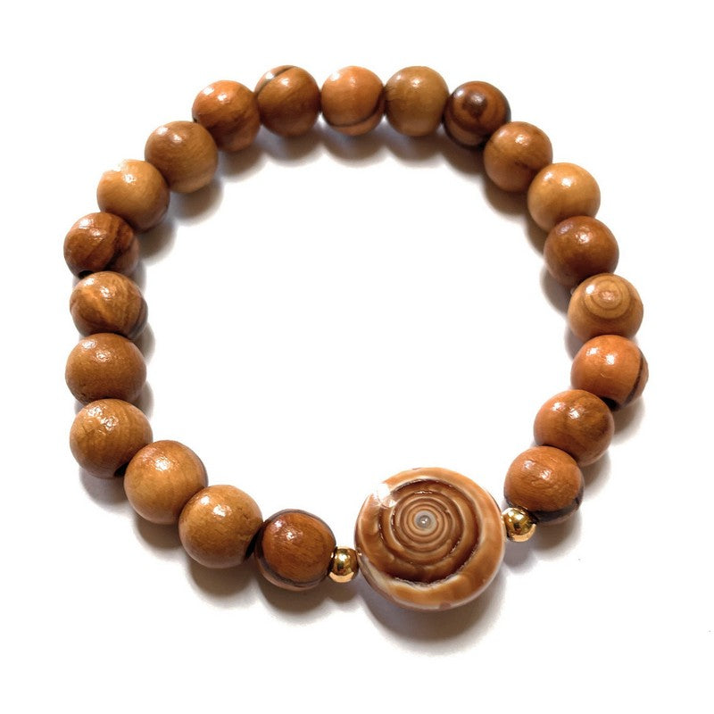 Olive Wood and Sundial Shell Bracelet