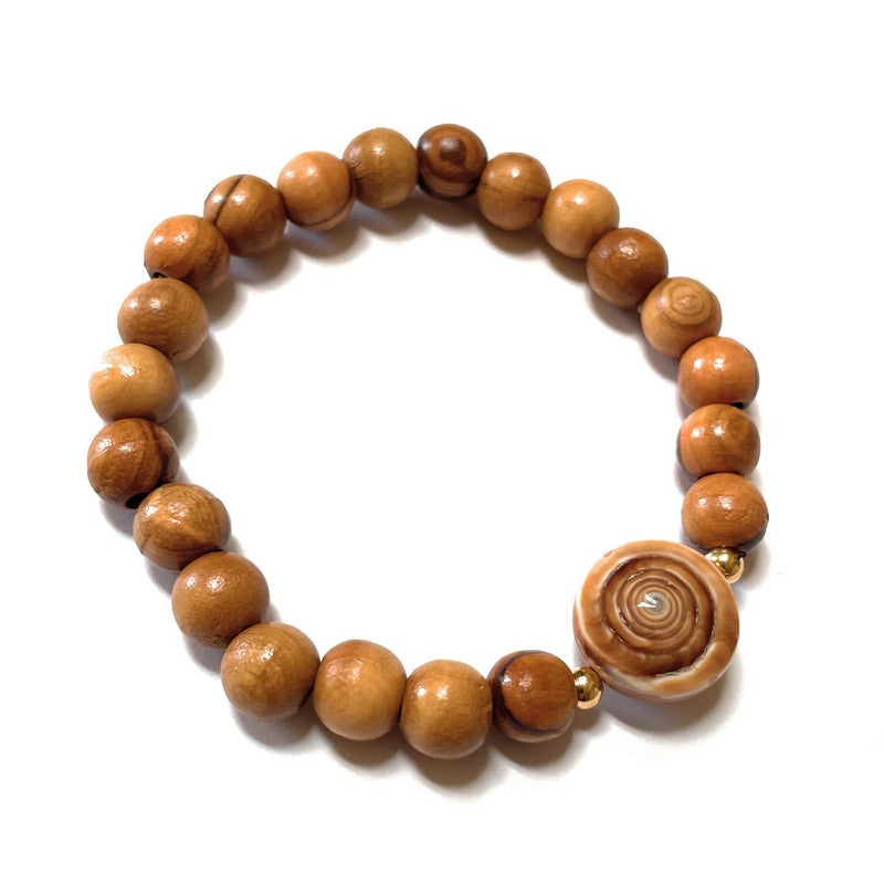 Olive Wood and Sundial Shell Bracelet