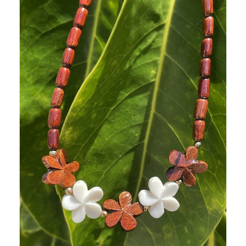 Hawaiian Koa & Bone  Plumeria Necklace