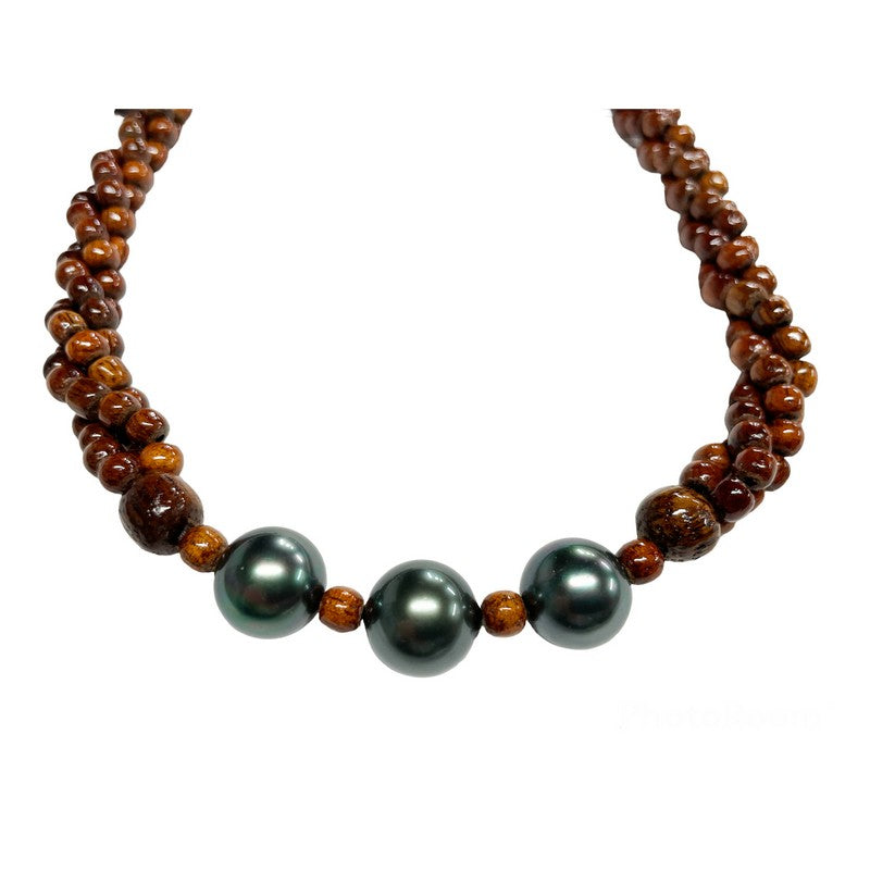 3 Strand Koa Wood and Pearl Adjustable Necklace 12mm
