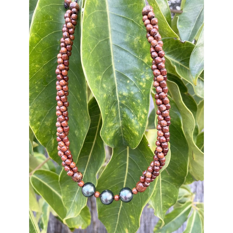 3 Strand Koa Wood and Pearl Adjustable Necklace 12mm
