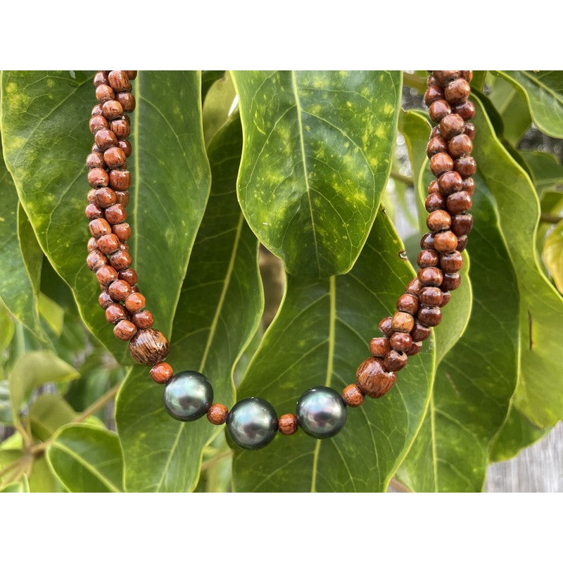 3 Strand Koa Wood and Pearl Adjustable Necklace 12mm