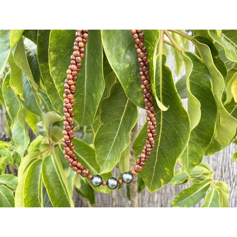 3 Strand Koa Wood and Pearl Adjustable Necklace 12mm