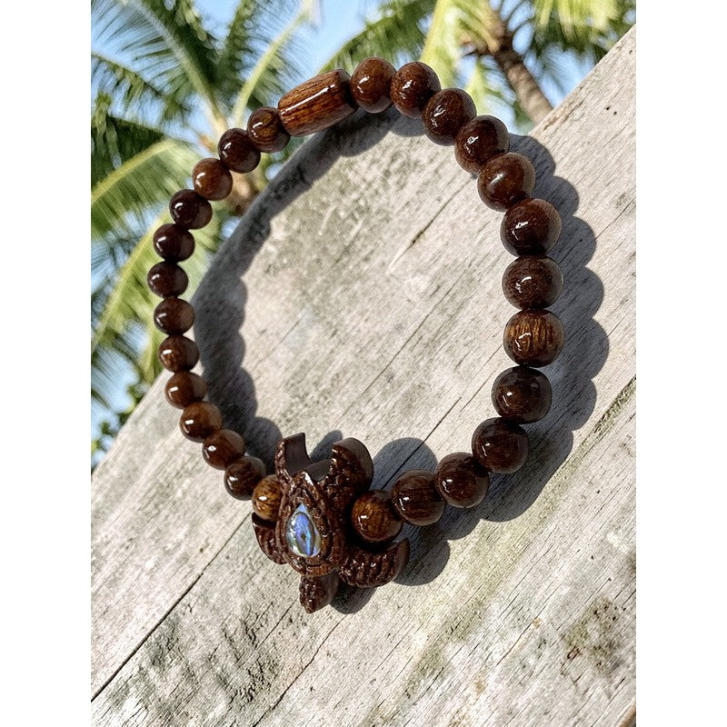 Honu Koa Wood & Paua Shell Bead Bracelet 6mm