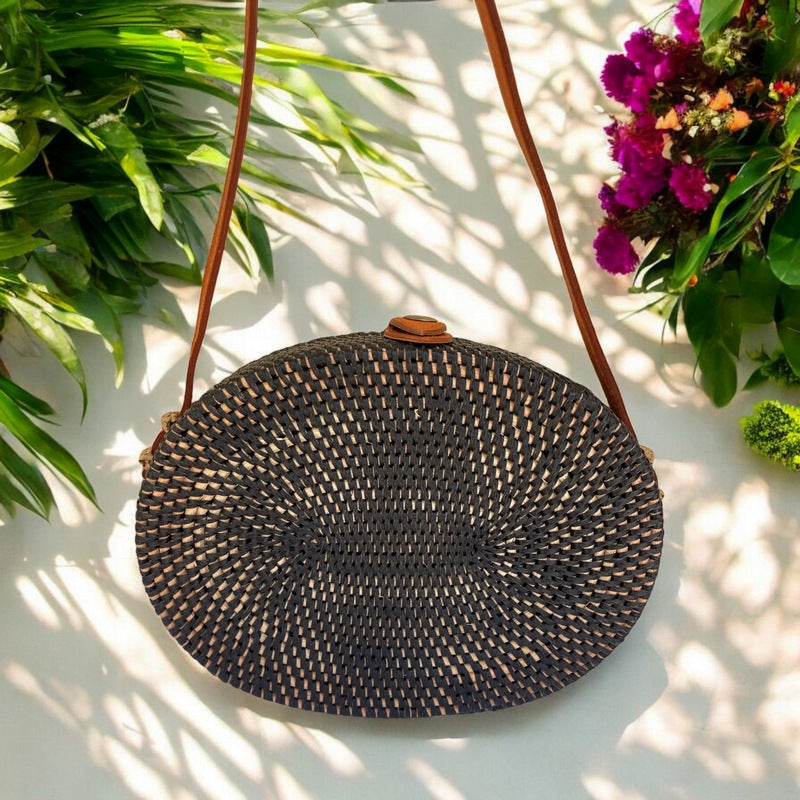 Black and Natural Oval Rattan Handbag