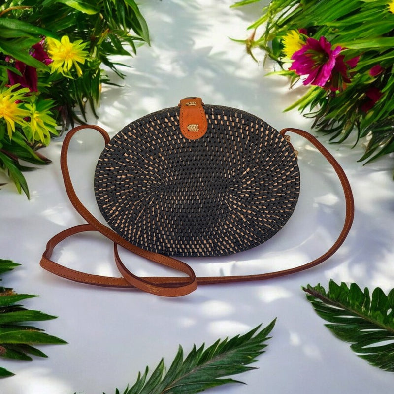 Black and Natural Oval Rattan Handbag