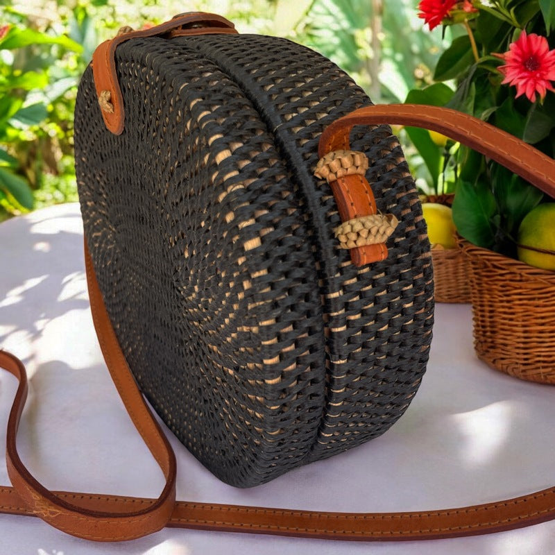 Black and Natural Oval Rattan Handbag