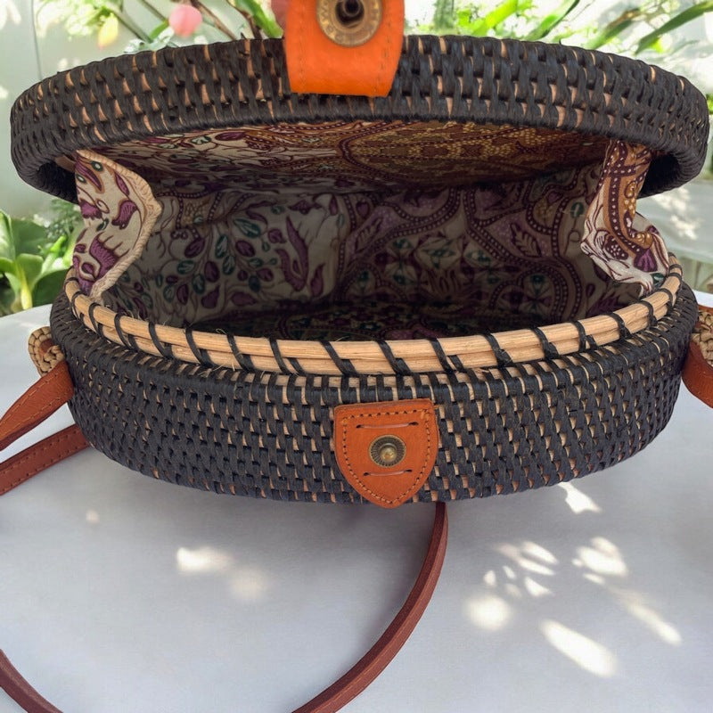 Black and Natural Oval Rattan Handbag