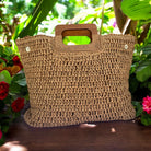 Hand-Woven Straw Handbag w/ Wooden Handle