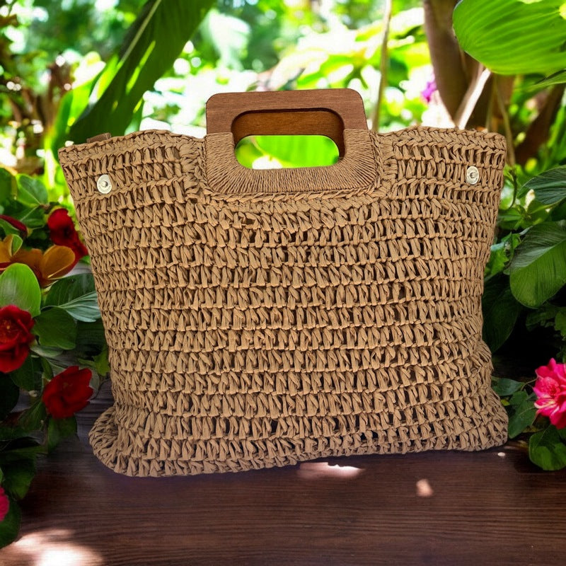 Hand-Woven Straw Handbag w/ Wooden Handle