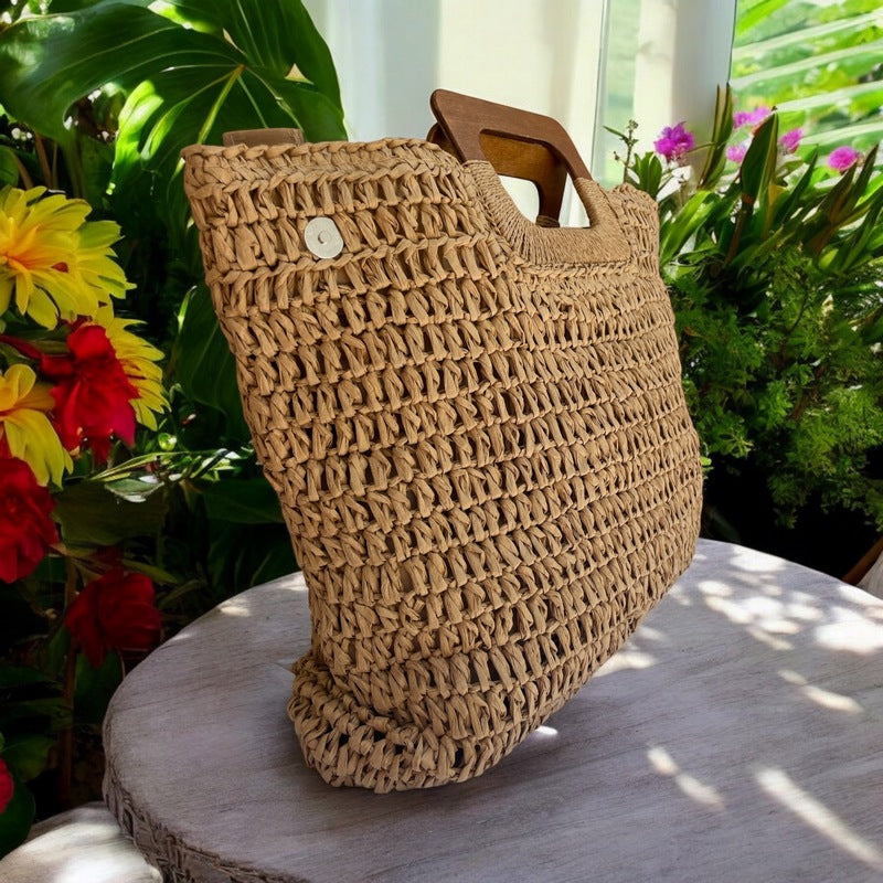 Hand-Woven Straw Handbag w/ Wooden Handle