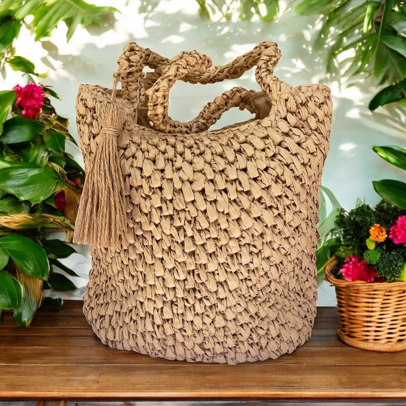 Hand-Woven Straw Handbag w/ Tassel