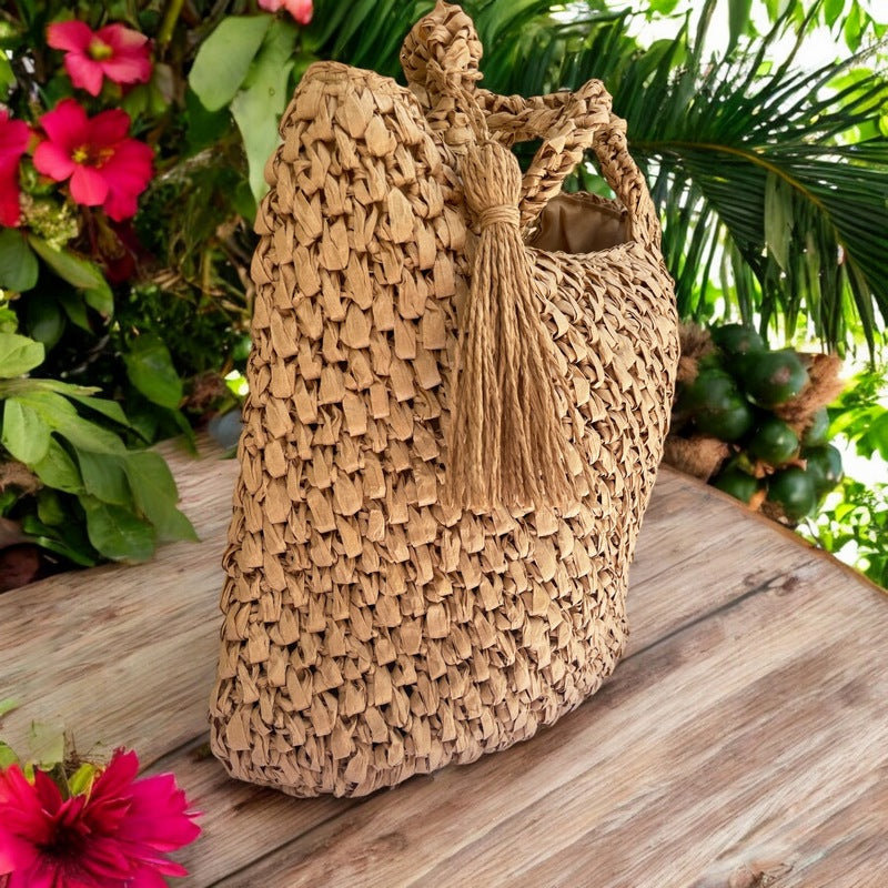 Hand-Woven Straw Handbag w/ Tassel