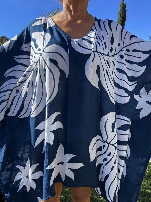 Beach Cover-Up | Hawaiian Monstera and Plumeria Flowers NAVY
