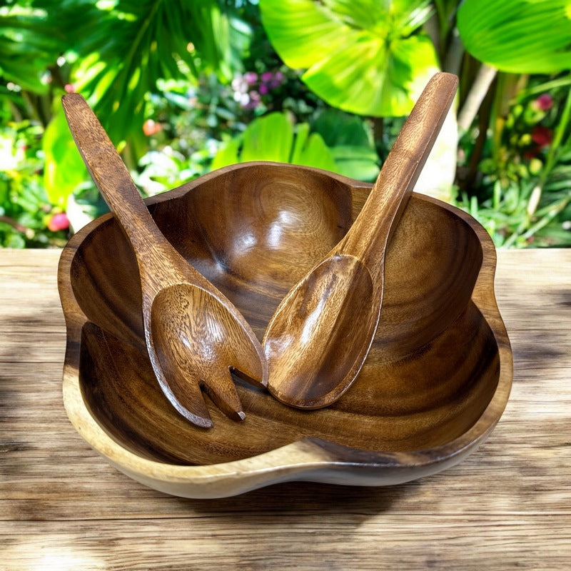 Acacia Wood 3-Piece Hibiscus Salad Bowl