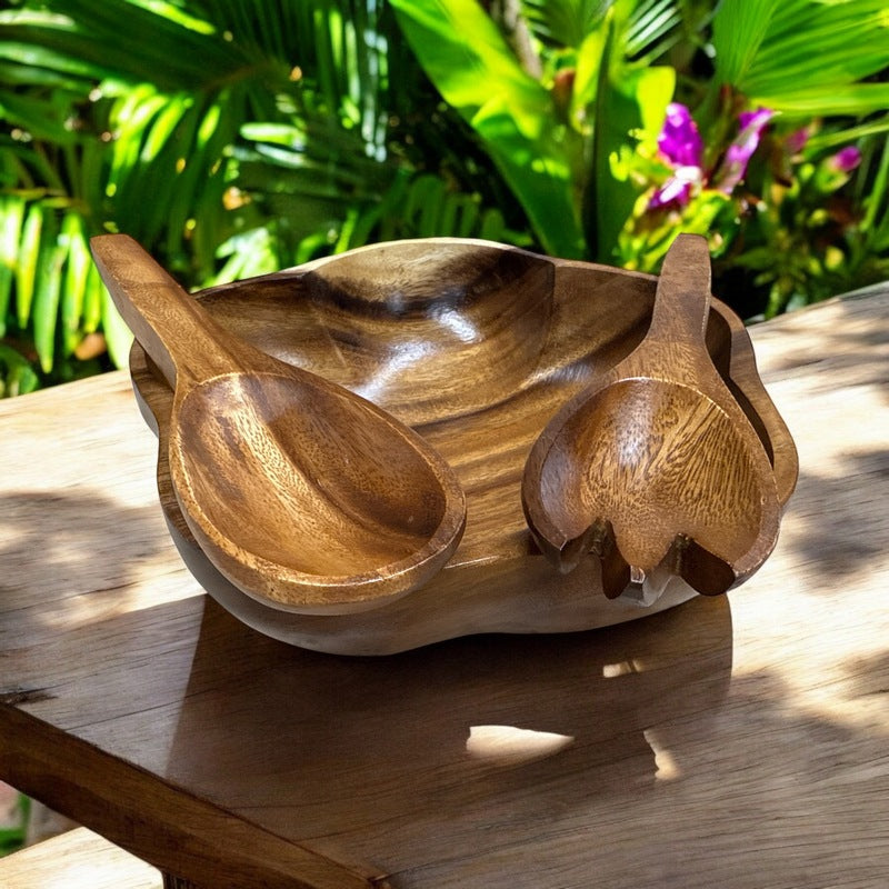 Acacia Wood 3-Piece Hibiscus Salad Bowl