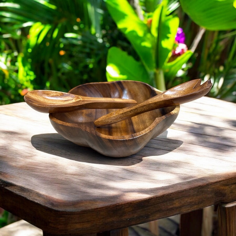 Acacia Wood 3-Piece Hibiscus Salad Bowl