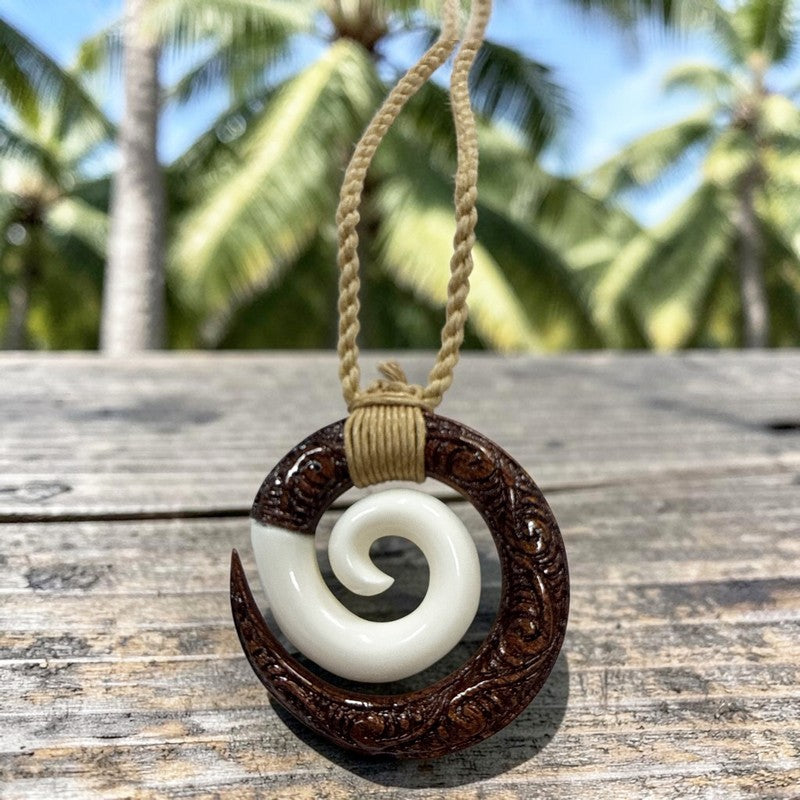 Koa and Bone Spiral with Engravings Necklace